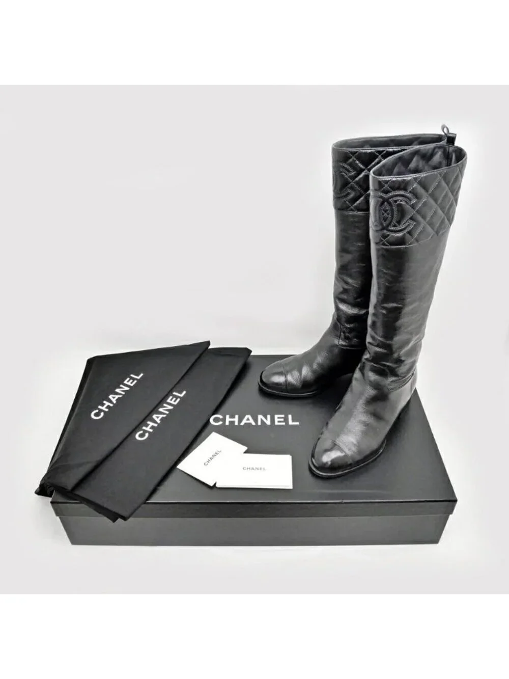 Chanel Long Boots 37.5 Black Shiny Calfskin CC Logo